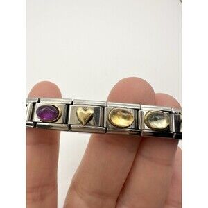 Vintage Italian Stainless Steel 18k Gold Gemstone Bracelet 6.5”